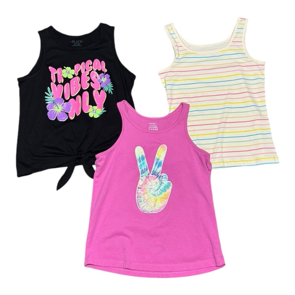 Girls Tank Tops Set of 3 Large 10 - 12 Colourful Summer Tropical Striped Tie Dye